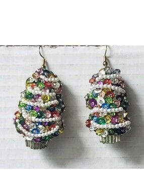 Vintage Sequin Beaded Christmas Tree Dangle Earrings